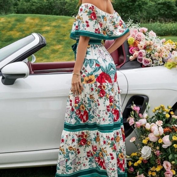 Floral Off Shoulder Ruffle Hem Belted Maxi Dress Multi color - Picture 6 of 6